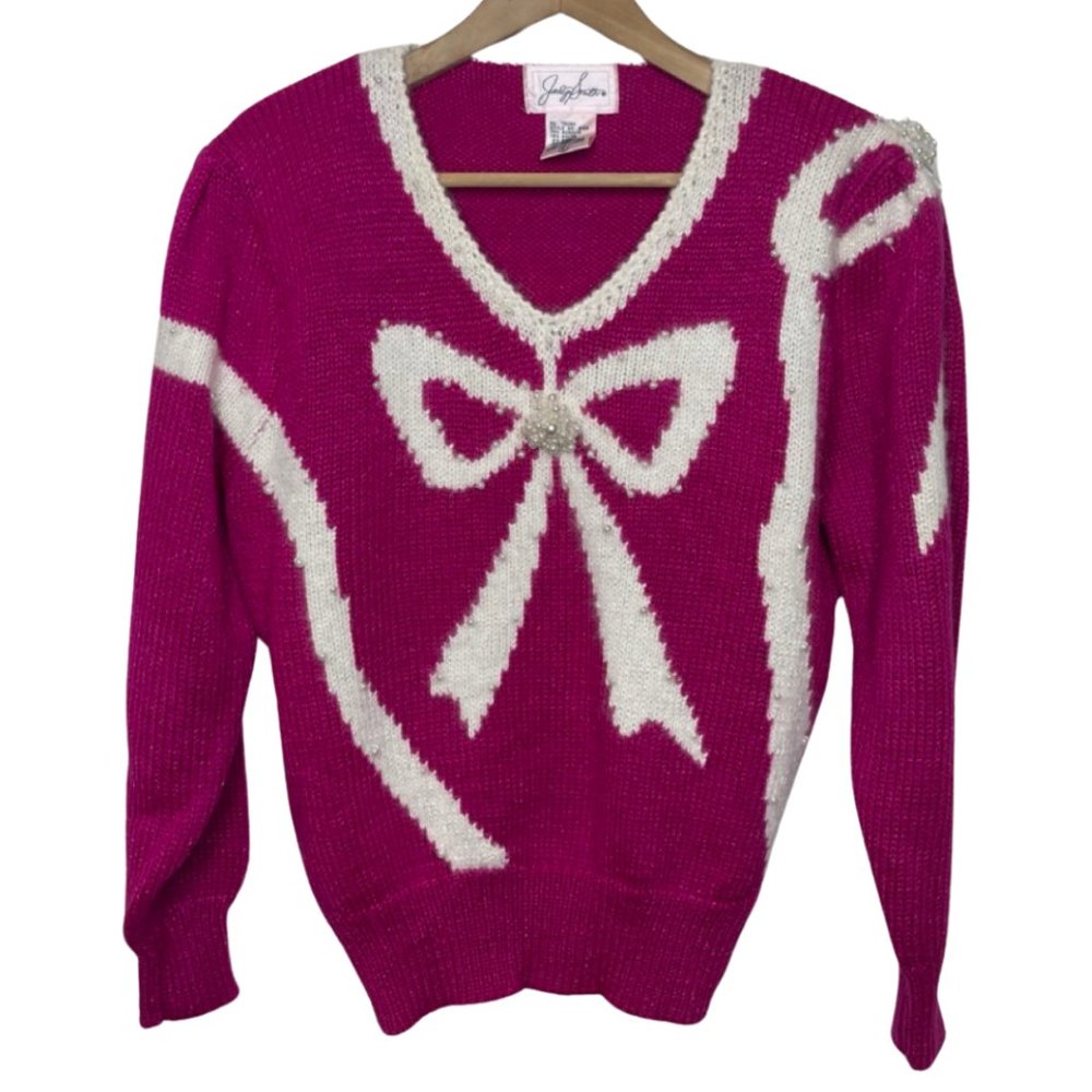 JACLYN SMITH | Vintage Fuchsia Bow Sweater with Pearl Details | Size L